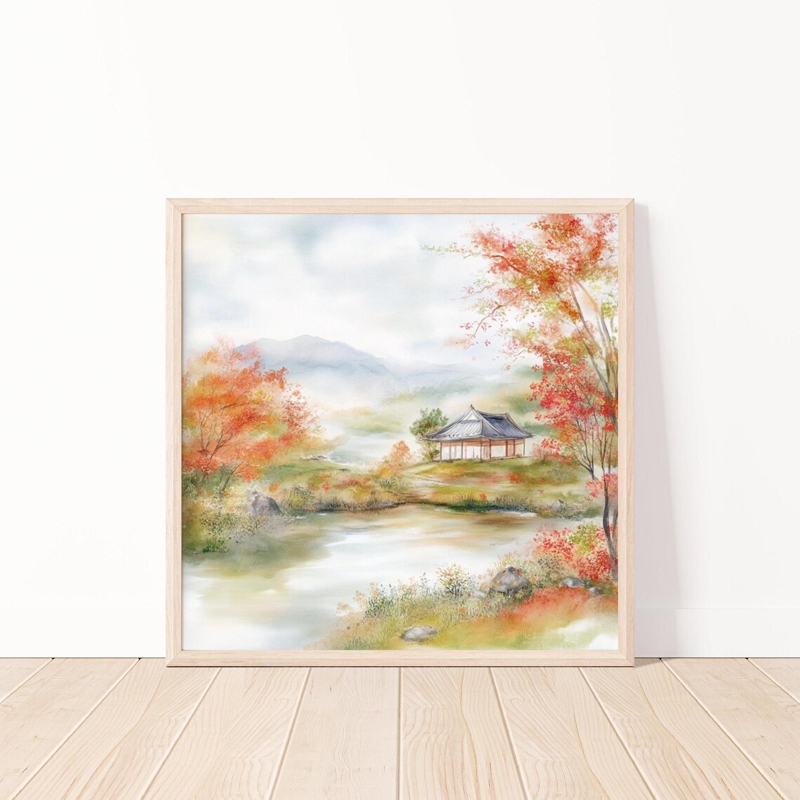 Tranquil Japanese Garden Pavilion Autumn Pond Peaceful Fall Scene Poster