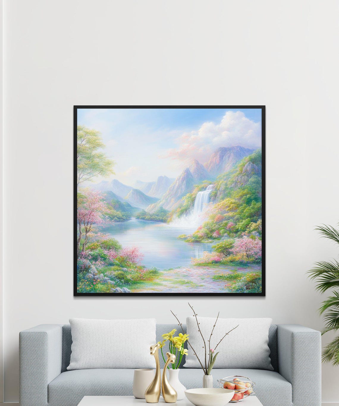 Pastel Mountain Lake Waterfall Cherry Blossom Dreamy Spring Art Poster - Image 4