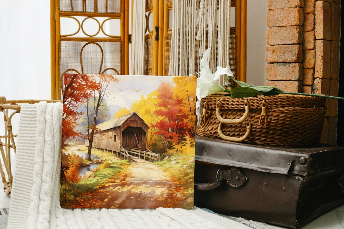 Covered Bridge Autumn Fall Foliage Country Stream Art Poster - Image 5
