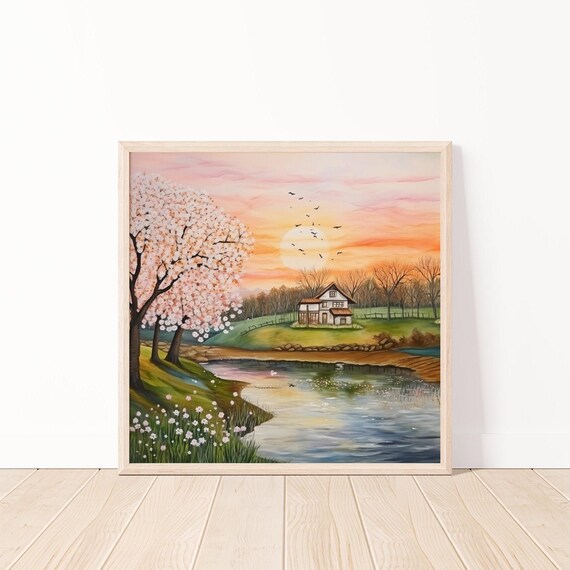 Cherry Blossom Sunset Country House Riverside Landscape Poster