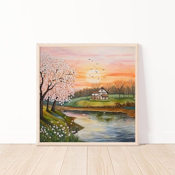 Cherry Blossom Sunset Landscape Art Print Countryside House Wall Nature Peaceful Home Decor Spring Scenery 20x20