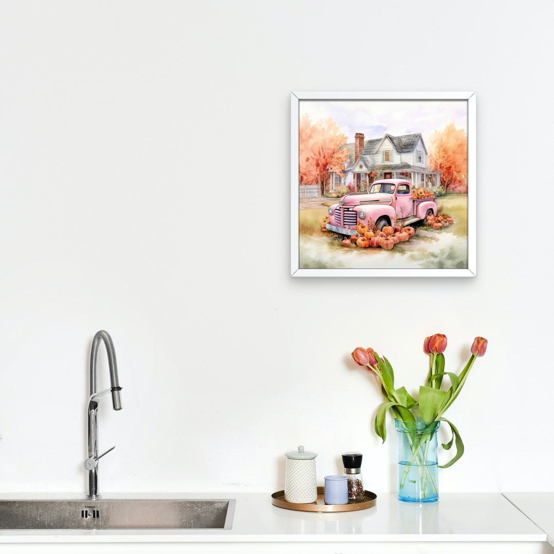 Pink Vintage Truck Loaded With Pumpkins at Farmhouse Autumn Poster - Image 3