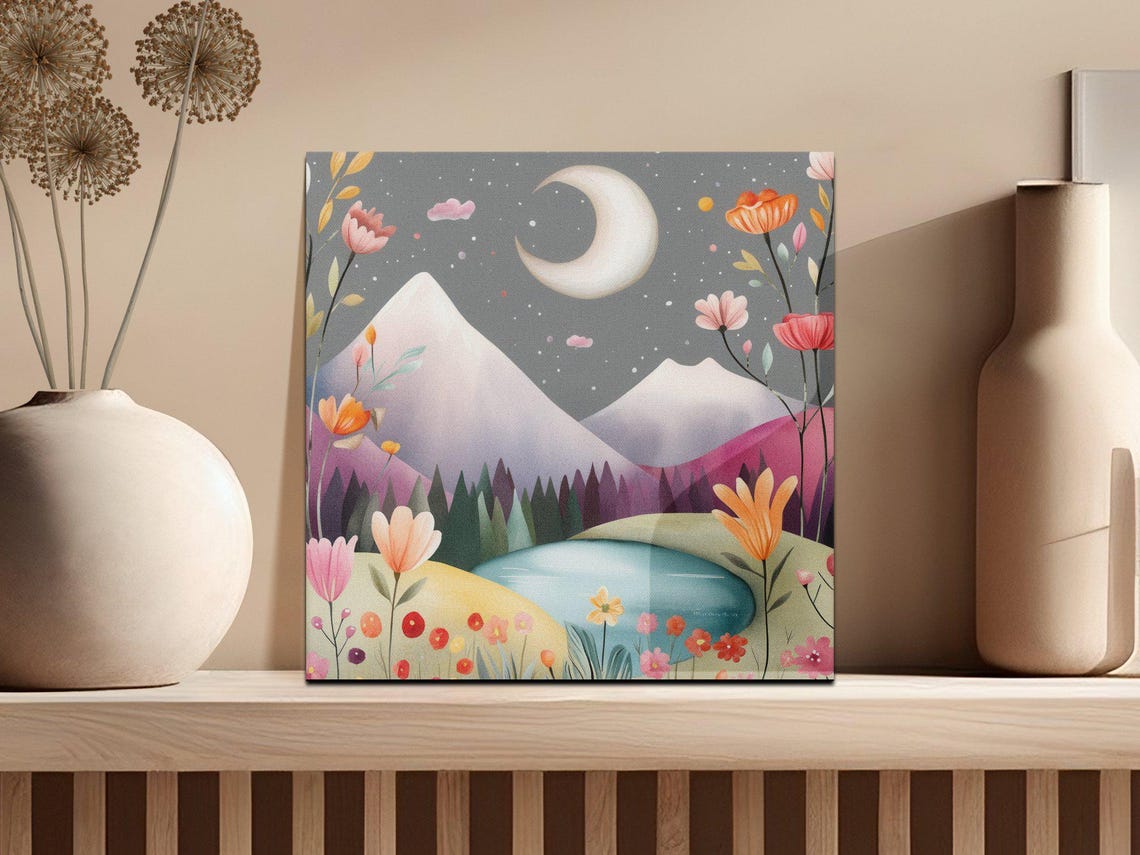 Whimsical Night Sky With Crescent Moon Over Mountain Lake Poster - Image 2