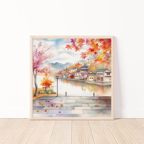 Autumn Village Pagoda River Red Maple Leaves Old Town Watercolor Poster