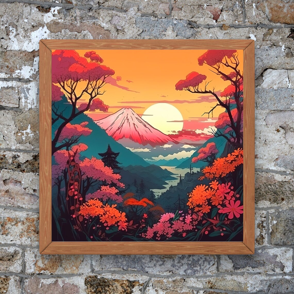 Mount Fuji Sunset Blazing Orange Blossom Valley Sunset Art Poster - Image 3
