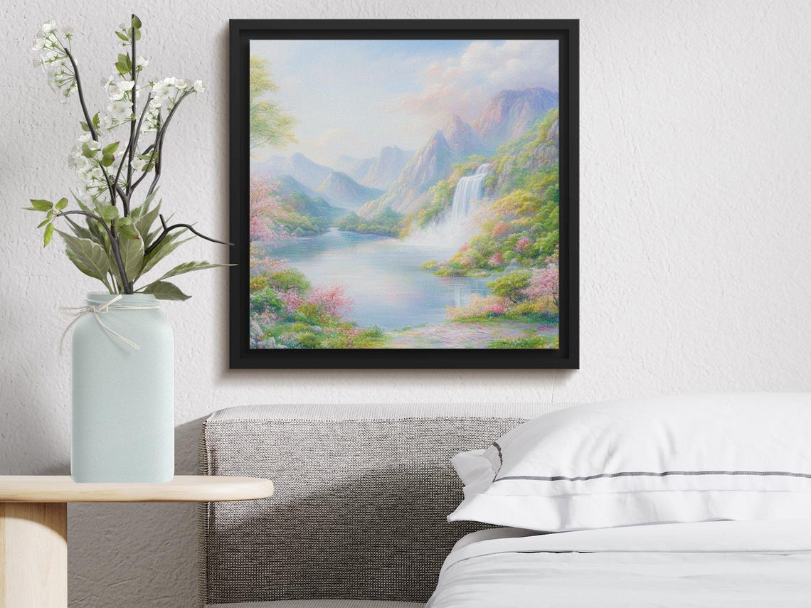 Pastel Mountain Lake Waterfall Cherry Blossom Dreamy Spring Art Poster - Image 3