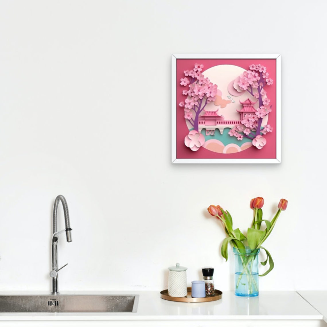 Pink Cherry Blossom Japanese Pavilion Moon Paper Cut Art Poster - Image 2