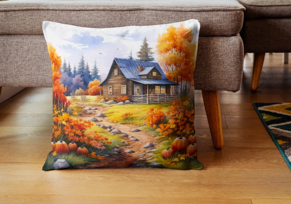 Watercolor Cabin In Autumn Art Print, Rustic Landscape - Image 3