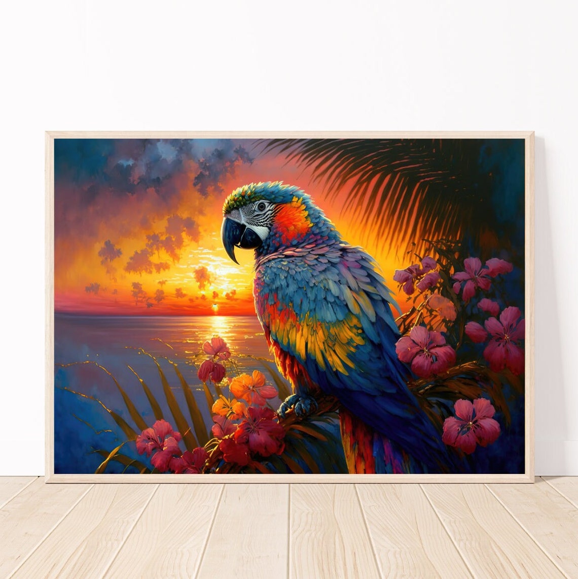 Colorful Macaw Parrot Sunset Ocean Tropical Bird Artwork Poster