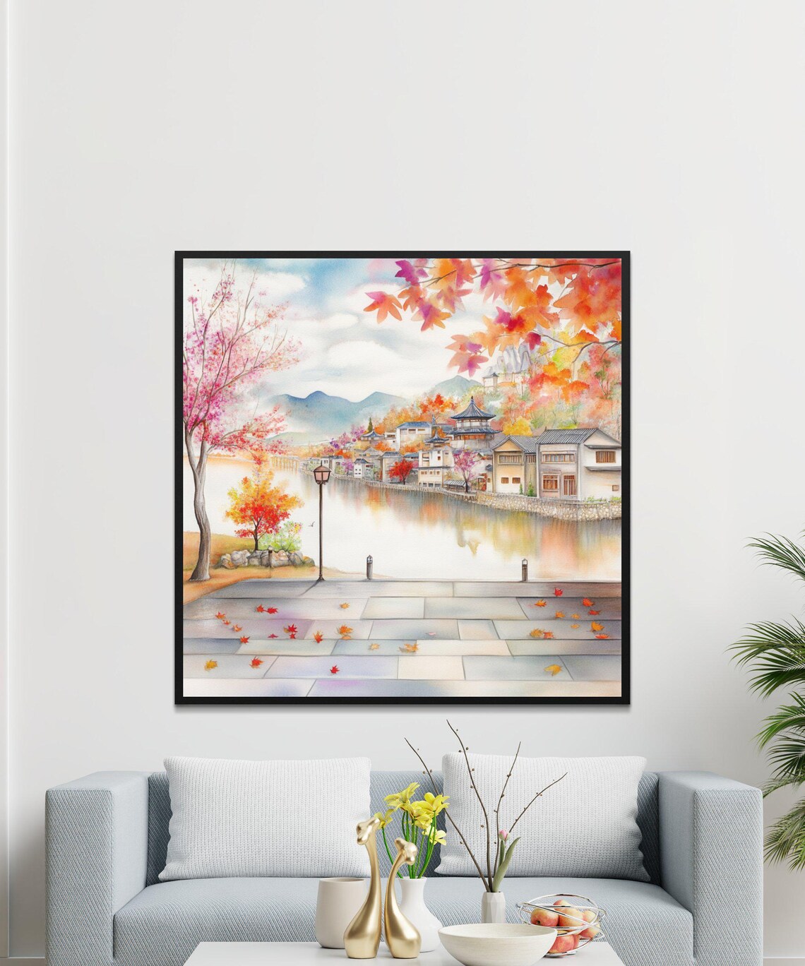 Autumn Village Pagoda River Red Maple Leaves Old Town Watercolor Poster - Image 4