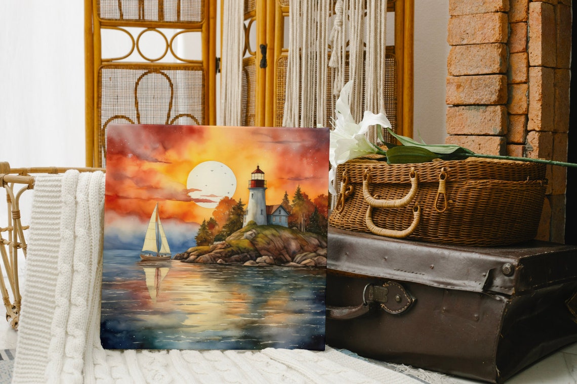 Lighthouse Sunset Sailboat Golden Hour Ocean Seascape Art Poster - Image 4