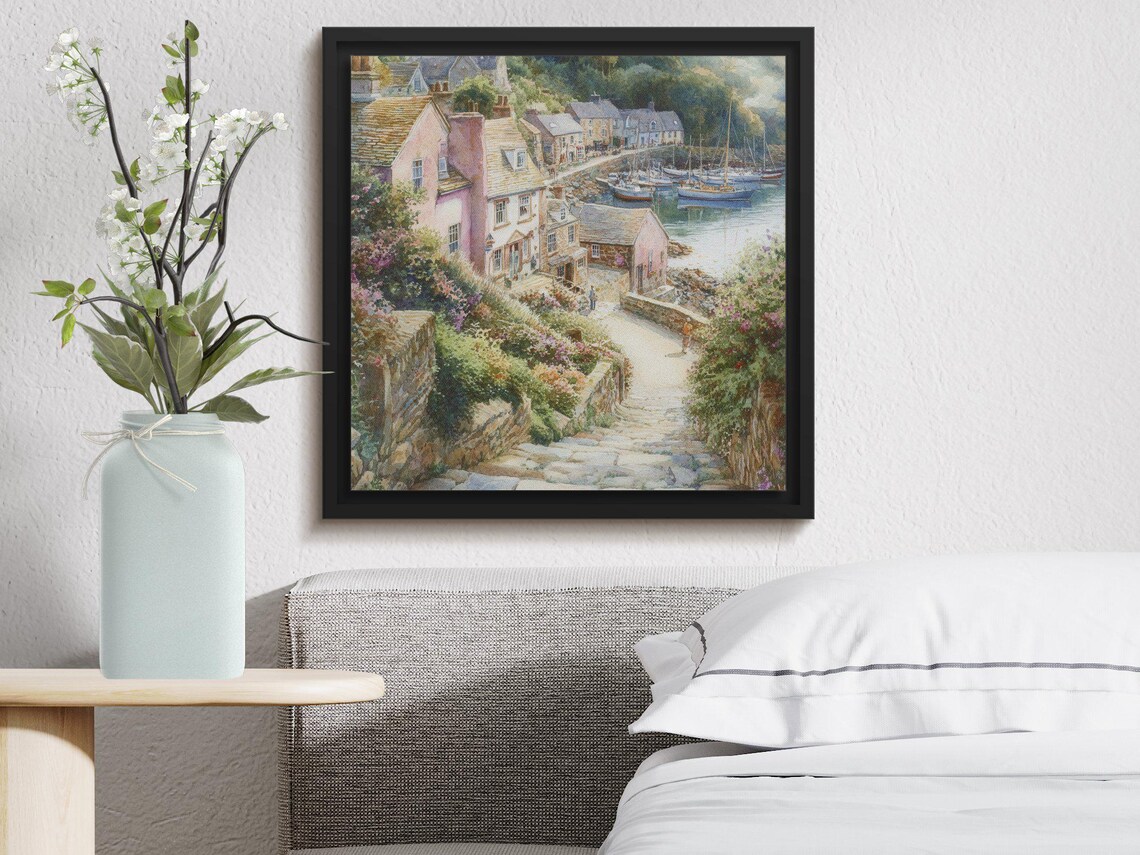 Watercolor Fishing Village With Boats Anchored in the Harbor Poster - Image 4