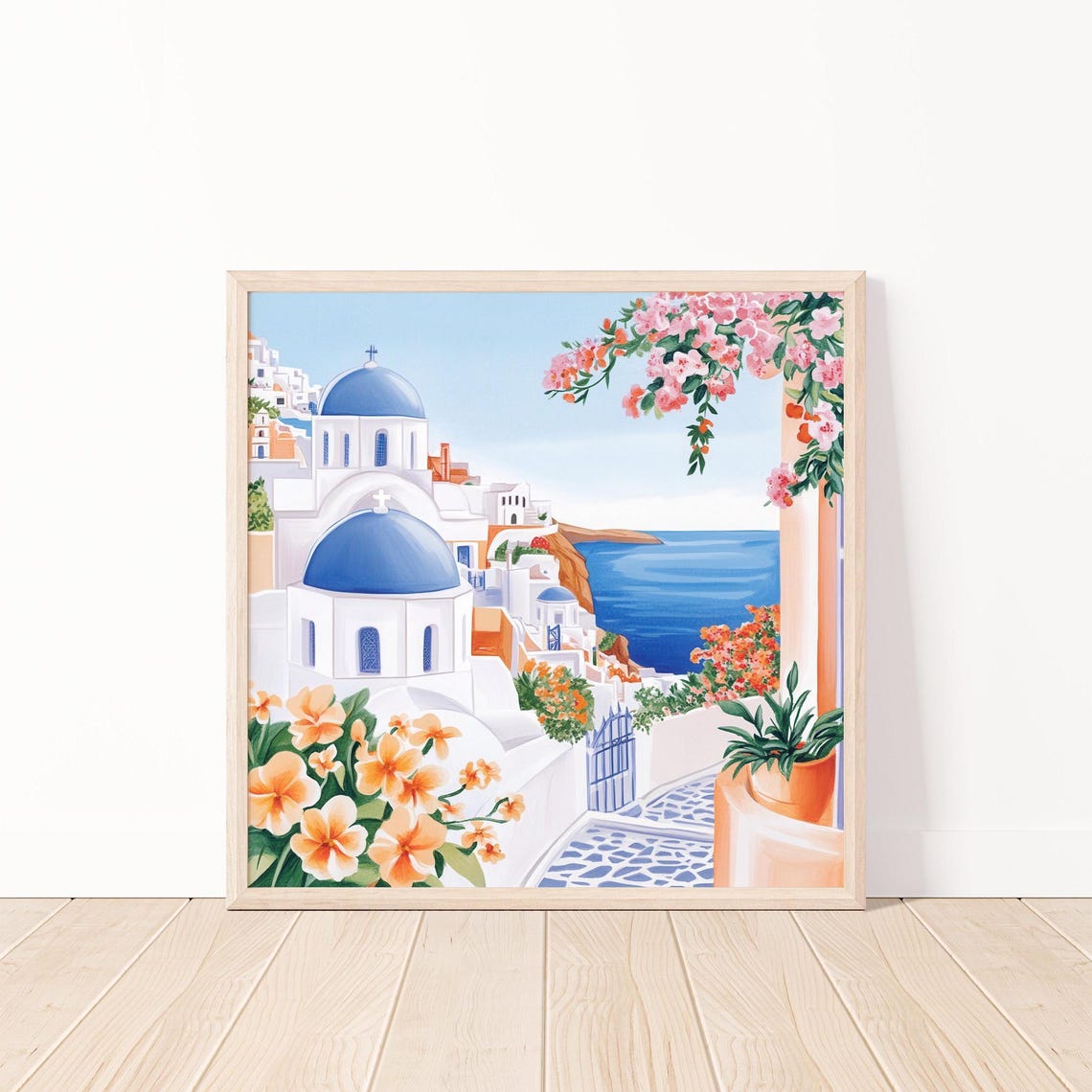 Santorini Blue Domed Churches With Flowers Above the Sea Poster