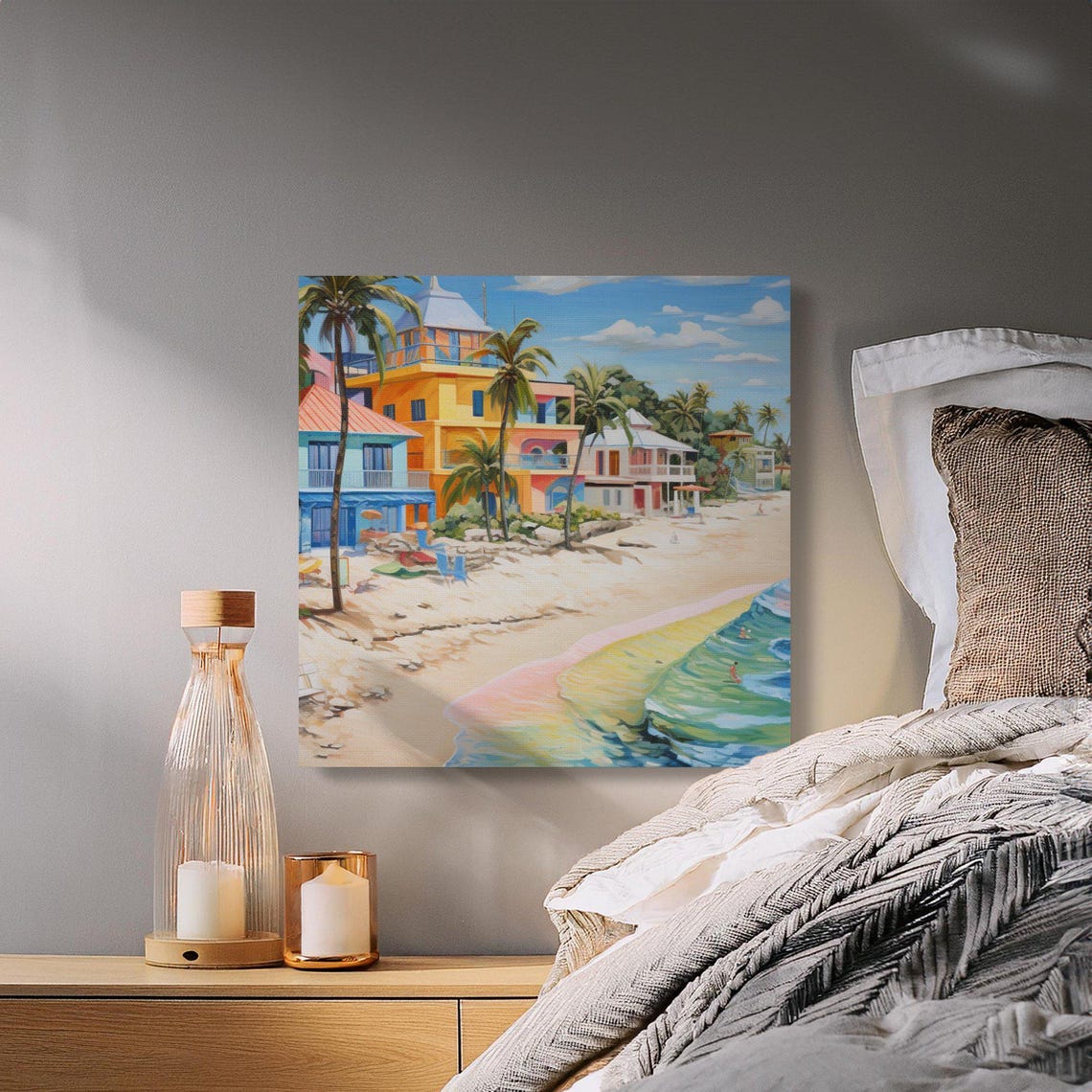 Colorful Beach Houses With Palm Trees on Turquoise Shore Poster - Image 4