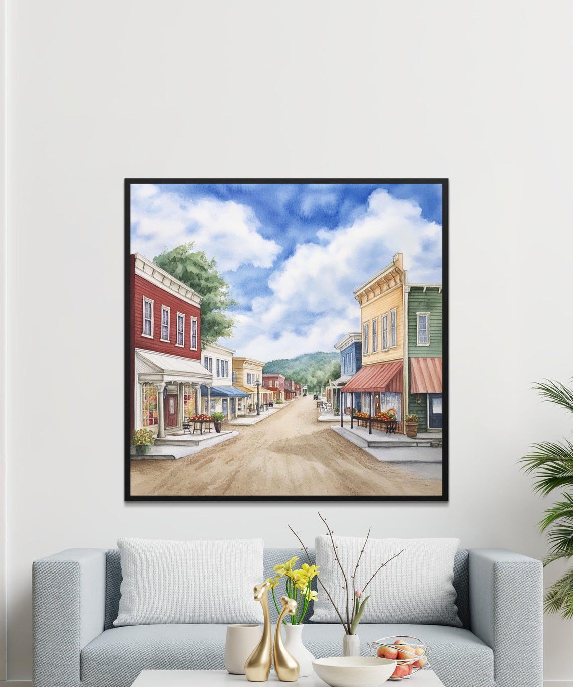 Watercolor Small Town Street Print Picturesque Village Art Charming Countryside Street Wall Decor New York Art 20x20