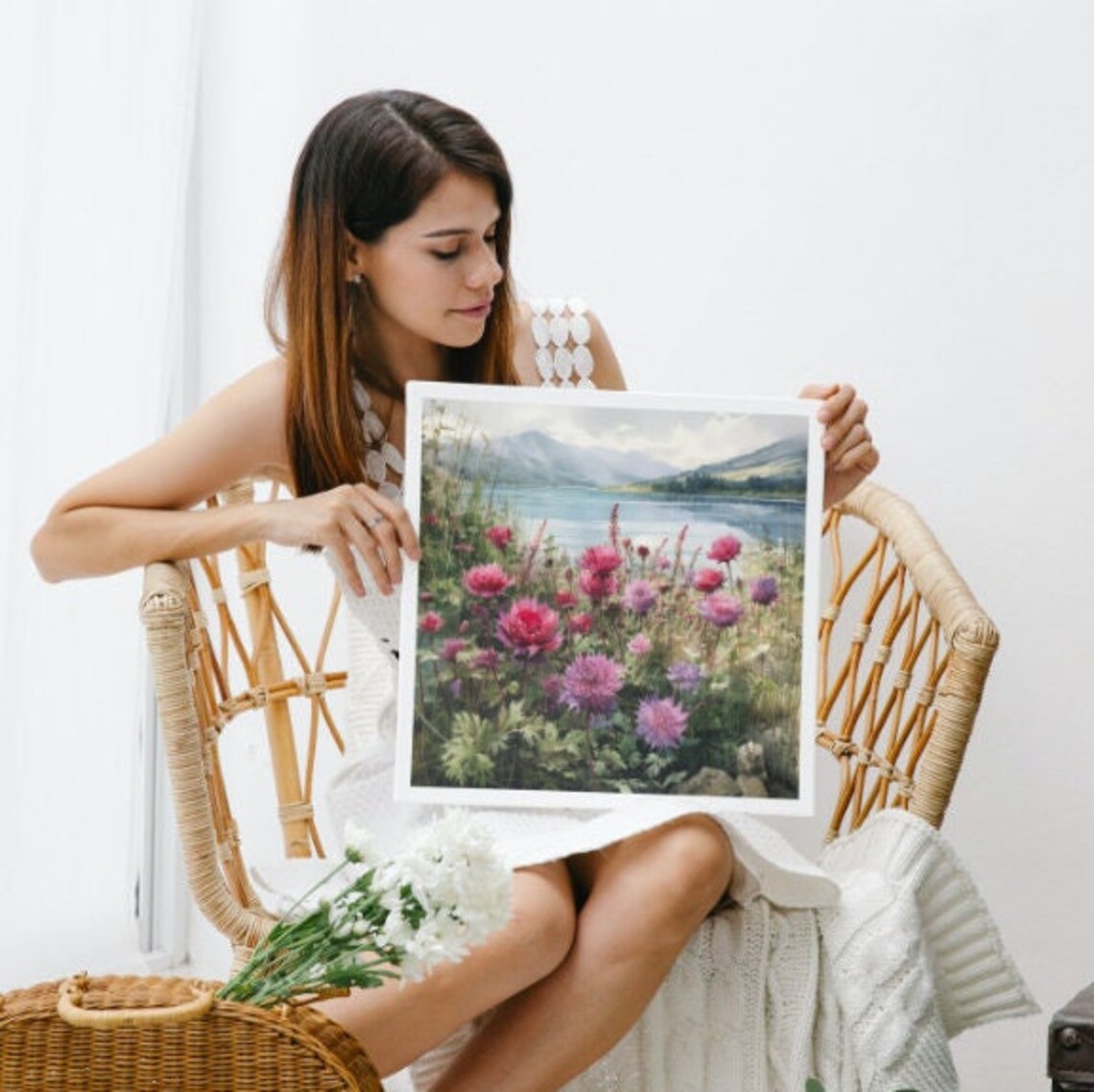 Watercolor Mountains Flowers Scene, Rustic Art Print - Image 3