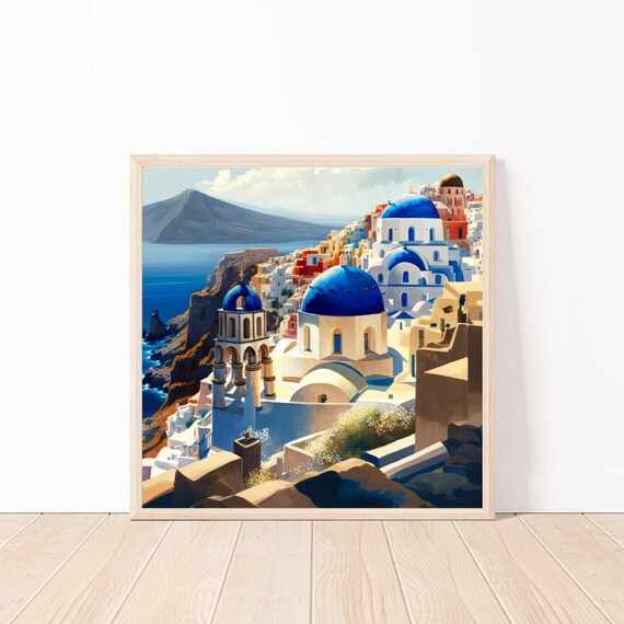 Watercolor Santorini Greece Blue Domes Over the Aegean Poster