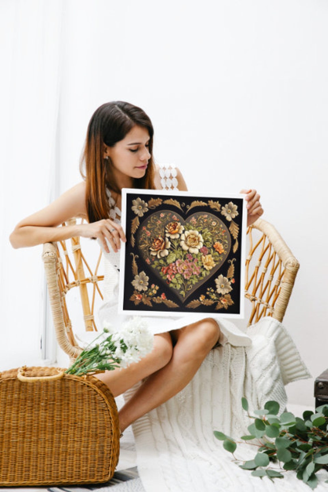 Floral Heart 3D Gold Flowers on Black Romantic Background Poster - Image 4