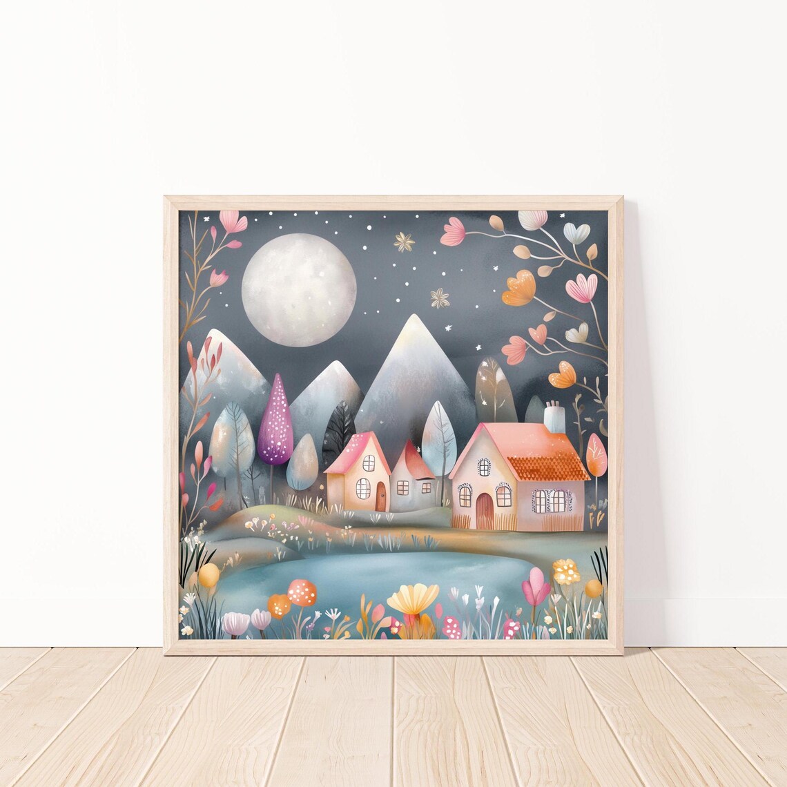 Whimsical Moonlit Village Full Moon Cottages Fantasy Night Scene Poster