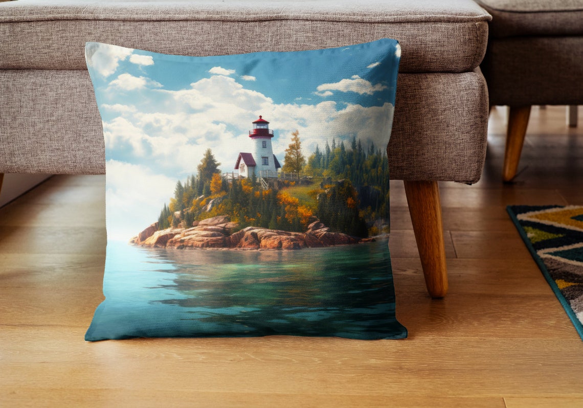 Red Lighthouse Forested Island Rocky Point Coastal Scene Art Poster - Image 3