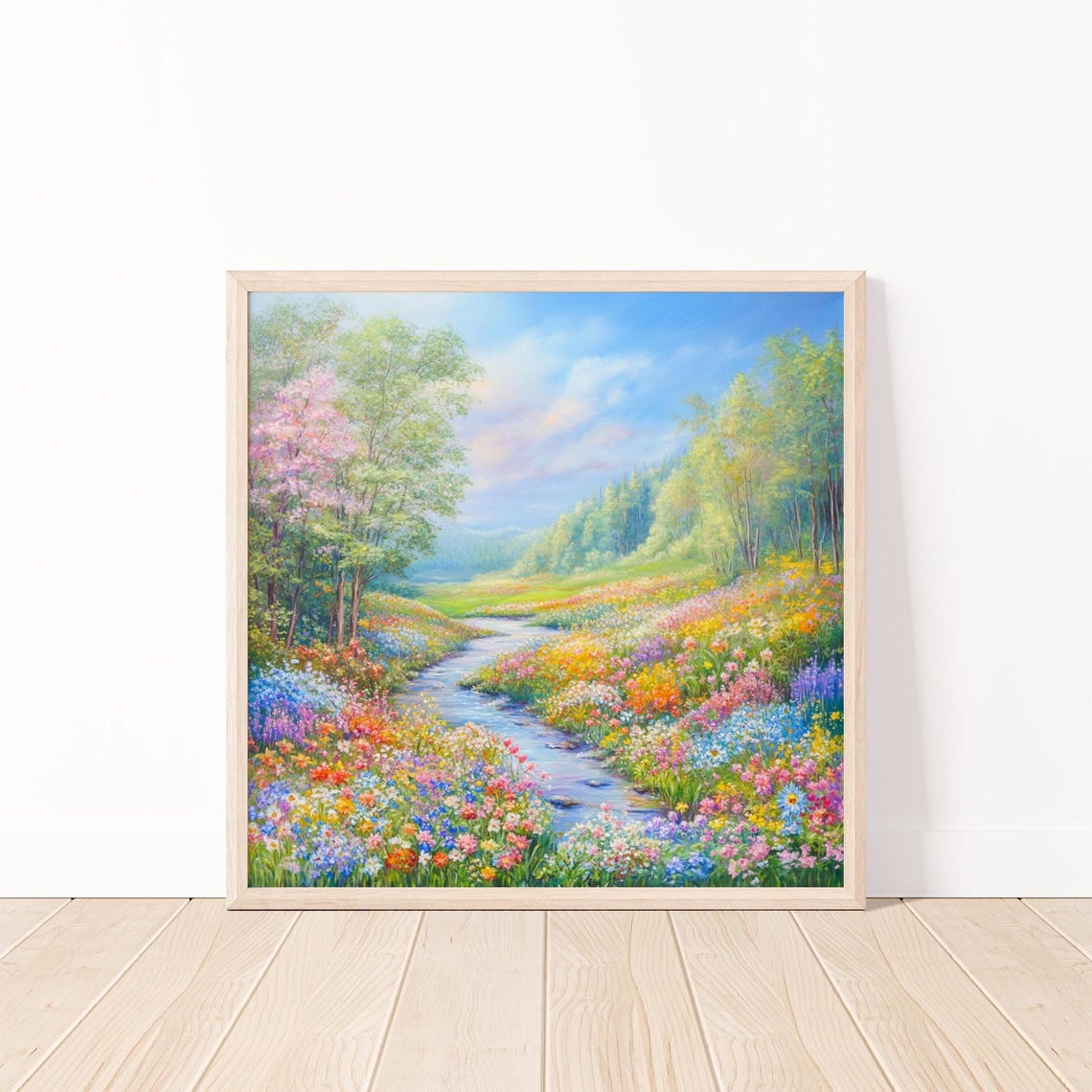 Spring Wildflower Meadow Stream Pastel Colorful Landscape Poster