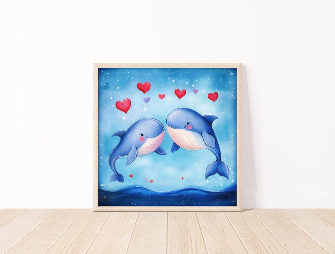 Cute Watercolor Whales In Love Artadorable Blue Whale Illustrationwatercolor Animals With Hearts Printkids Room Wall Art20x20