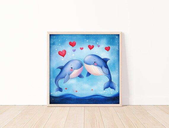 Cute Watercolor Whales In Love Artadorable Blue Whale Illustrationwatercolor Animals With Hearts Printkids Room Wall Art20x20
