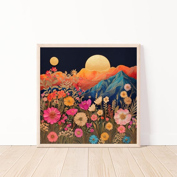 Mountain Sunset Floral Wall Art Flowers Colorful Print Abstract Landscape Home Decor 20x20