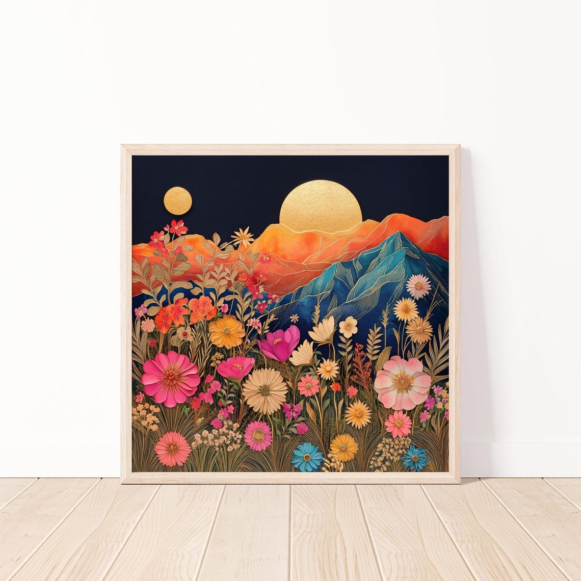Mountain Sunset Floral Wall Art Flowers Colorful Print Abstract Landscape Home Decor 20x20