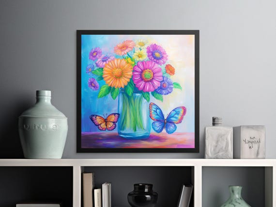 Colorful Floral Bouquet With Butterflies Vibrant Abstract Wall Art Bright Flower Decor Instant Art 20x20