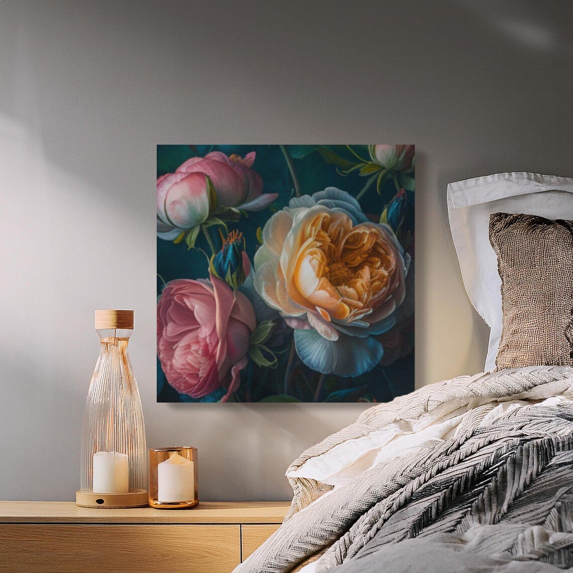 Moody Dark Floral Oil Painting of Pink and Cream Roses Poster - Image 4