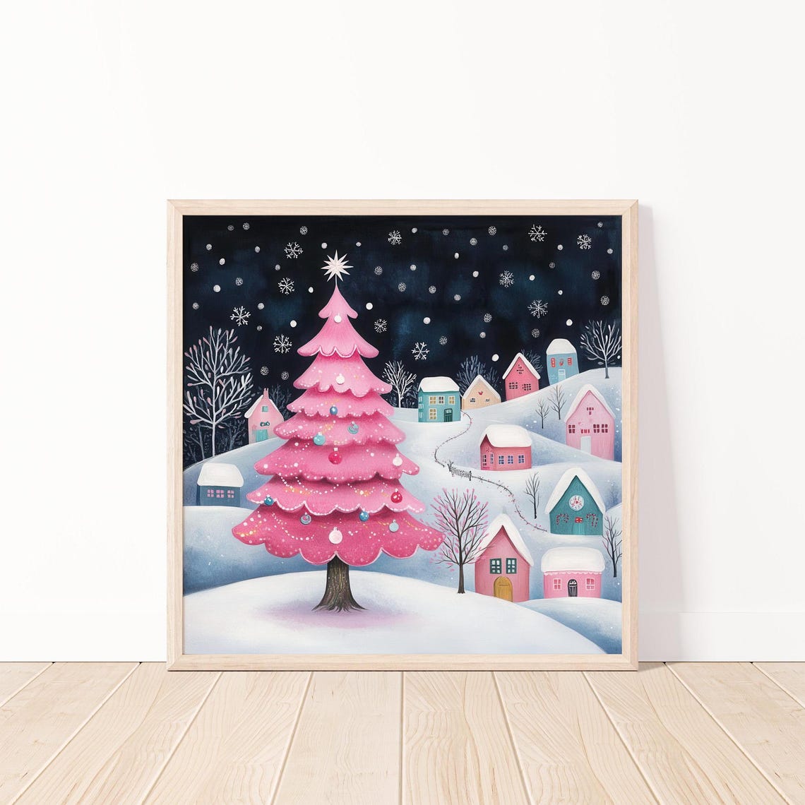 Pink Christmas Tree Snowy Village Festive Holiday Night Scene Poster