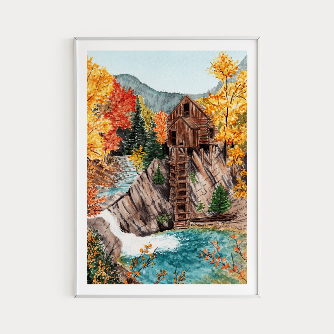 Crystal Mill Colorado Autumn Watercolor Historic Mill Waterfall Poster