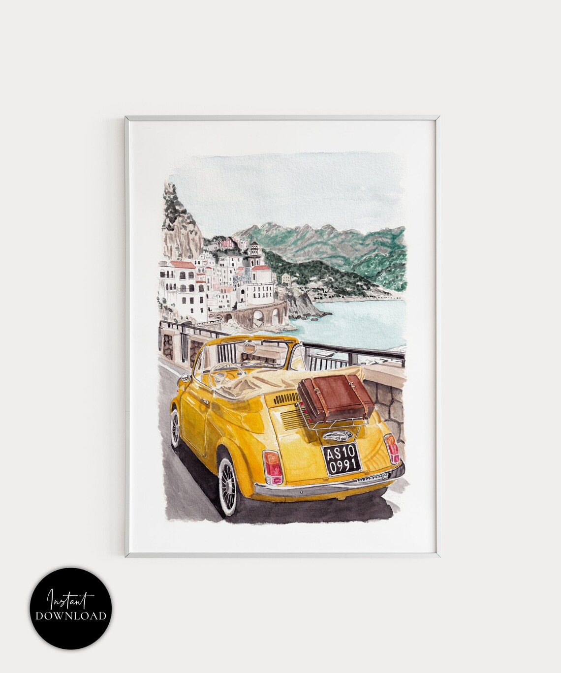 Vintage Yellow Fiat Convertible Positano Amalfi Coast Travel Poster