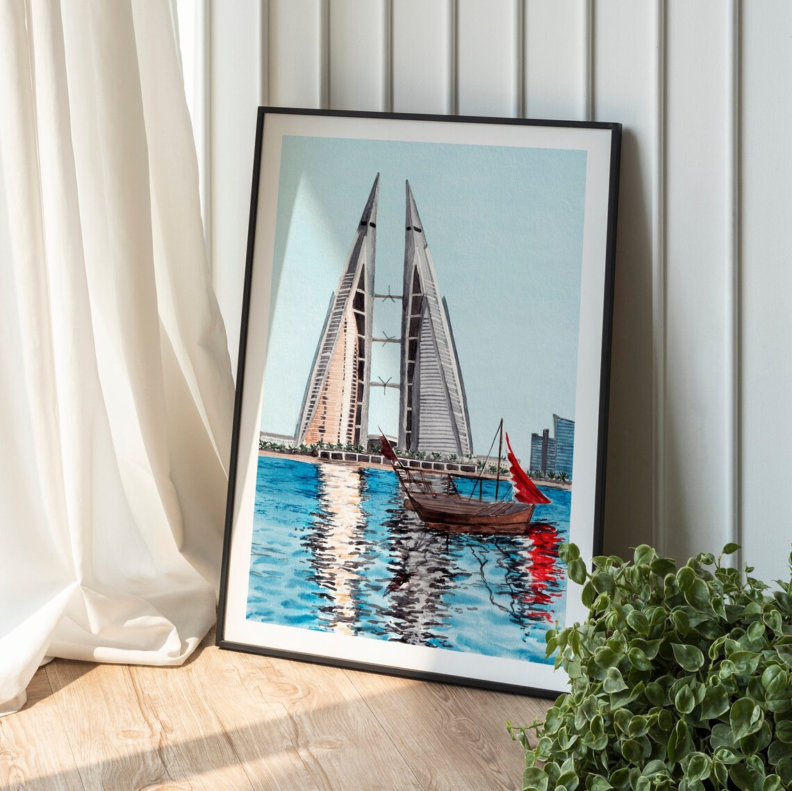 Manama Bahrain World Trade Center Twin Towers Watercolor Poster - Image 2