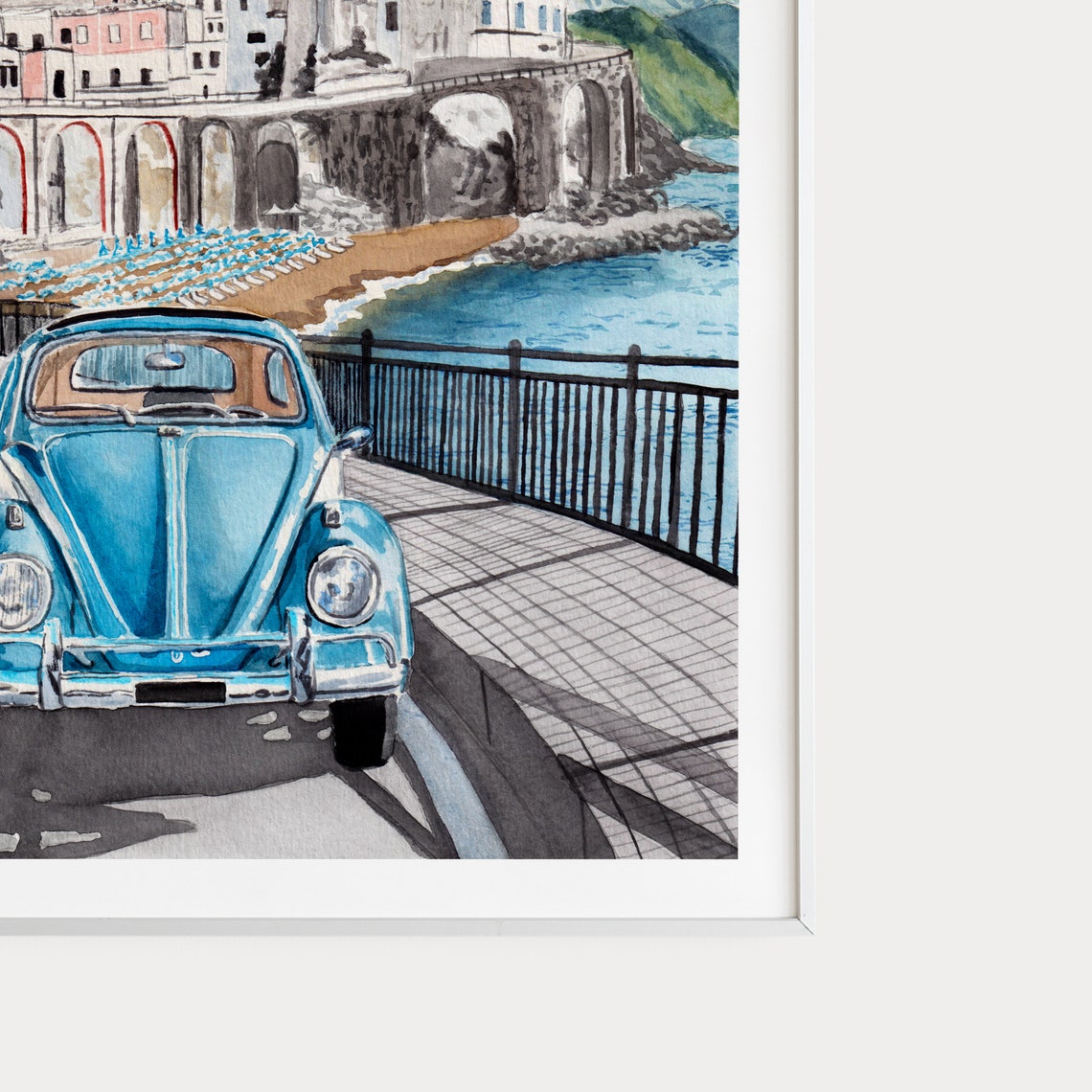 Atrani Amalfi Coast Blue Beetle On Clifftop Road Watercolor Poster - Image 3