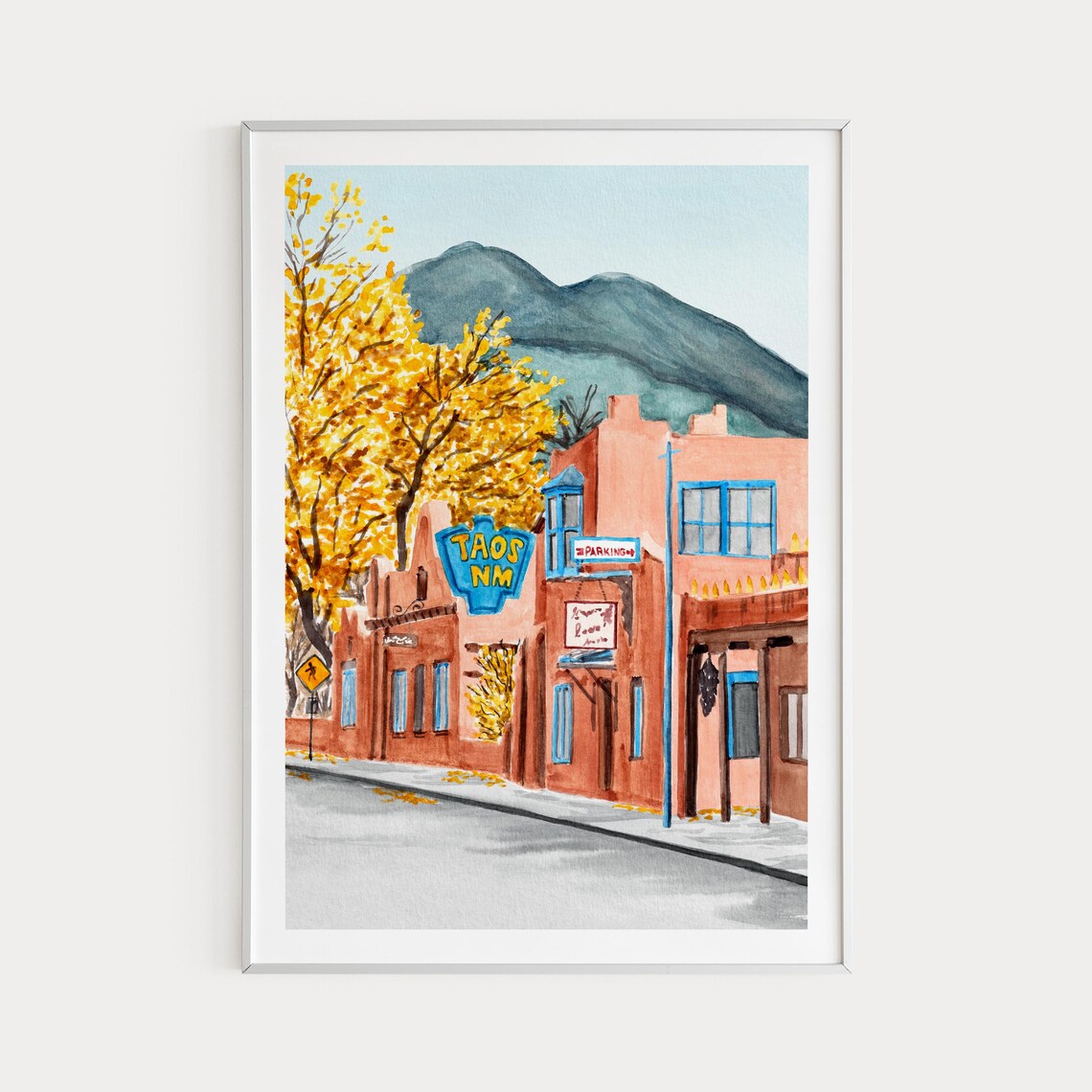 Taos New Mexico Adobe Street Golden Cottonwood Mountain View Poster