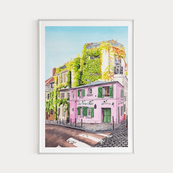 Montmartre Paris Watercolor Travel Poster, La Maison Rose