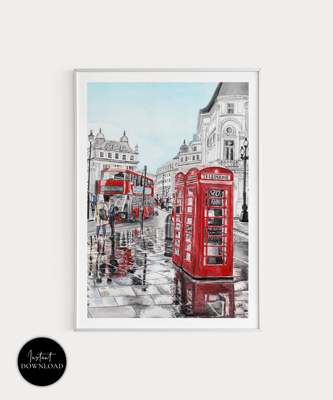 London Red Telephone Booths Rainy Piccadilly Street Watercolor Poster