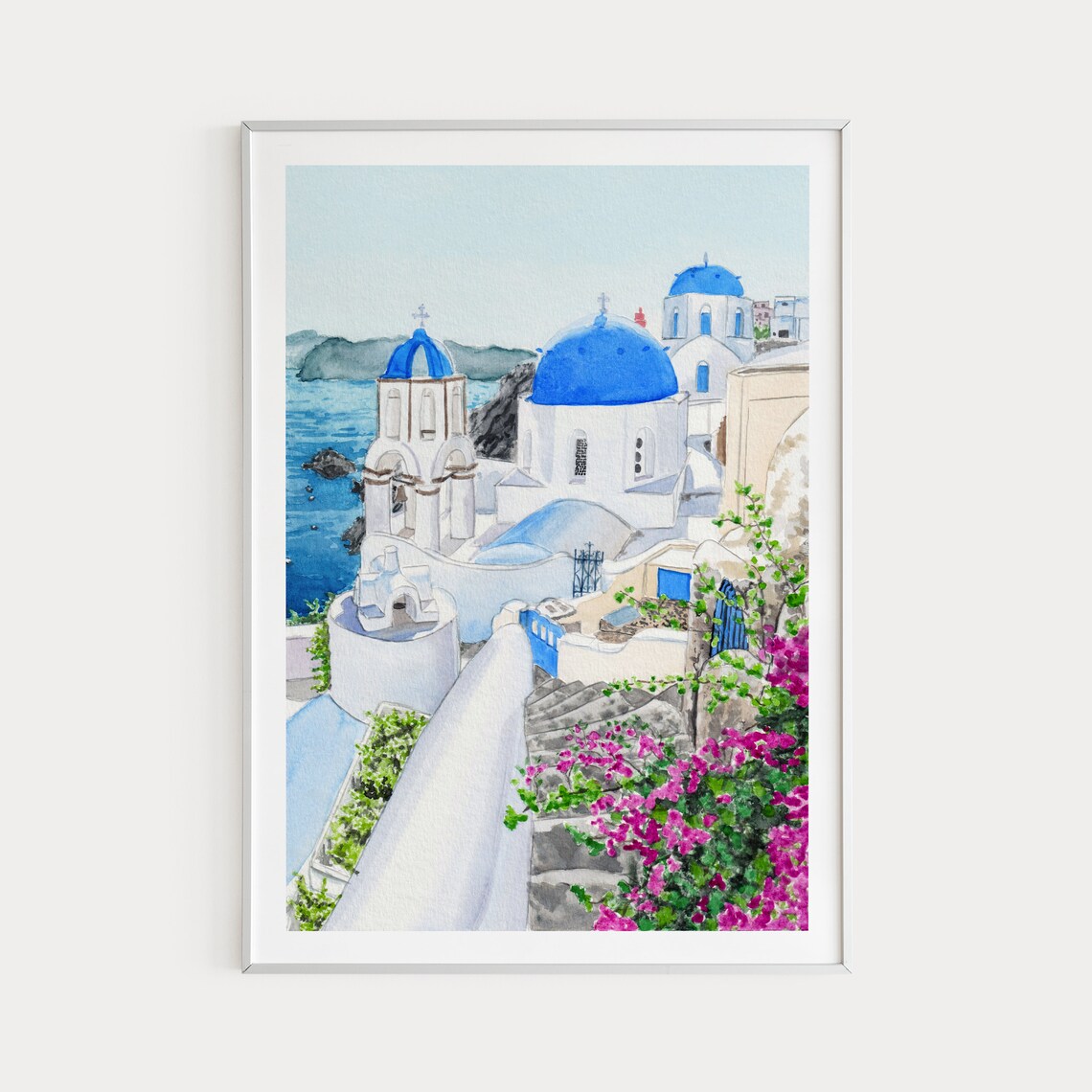 Santorini Watercolor Travel Poster, Greece Cityscape