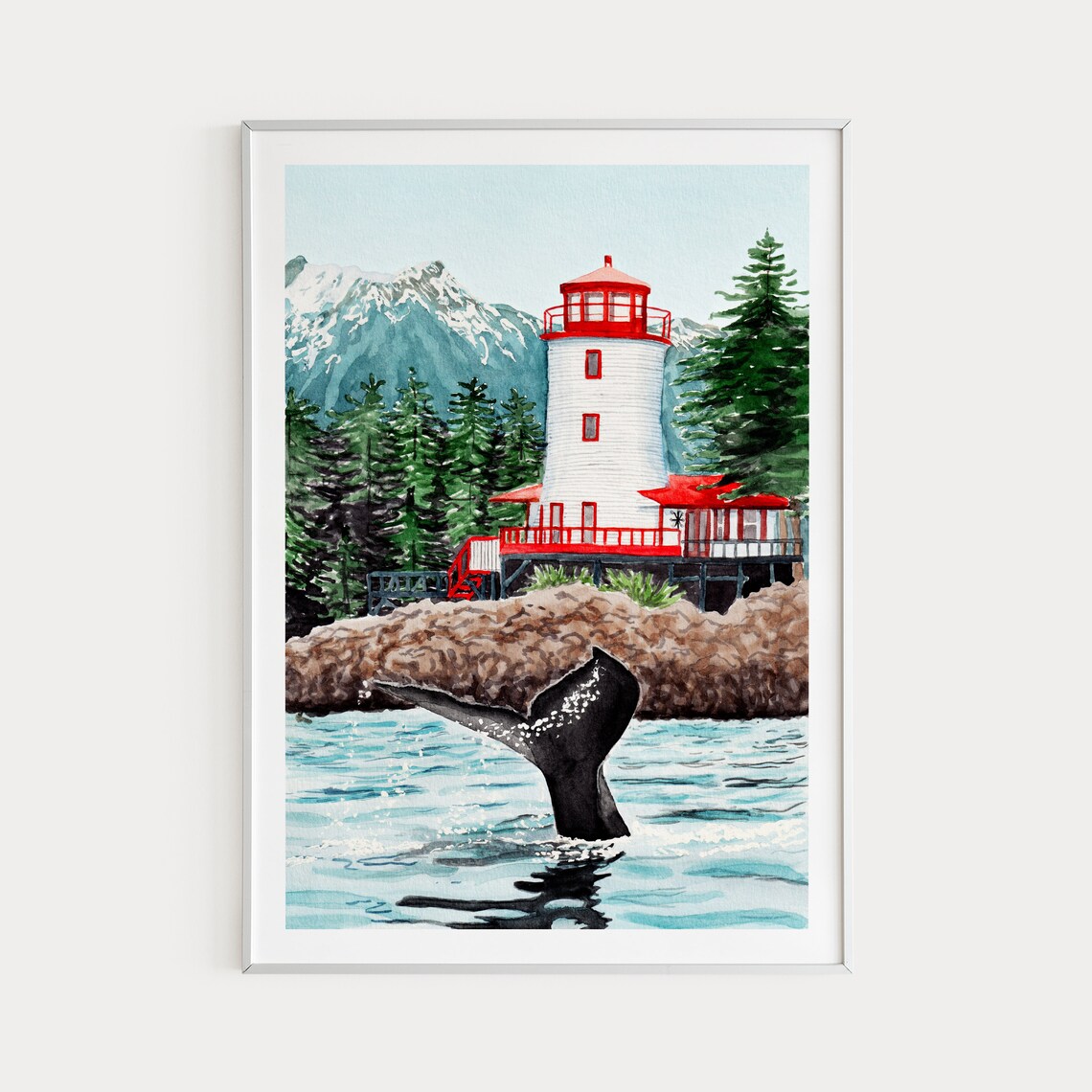 Sitka Watercolor Travel Poster, Alaska Cityscape
