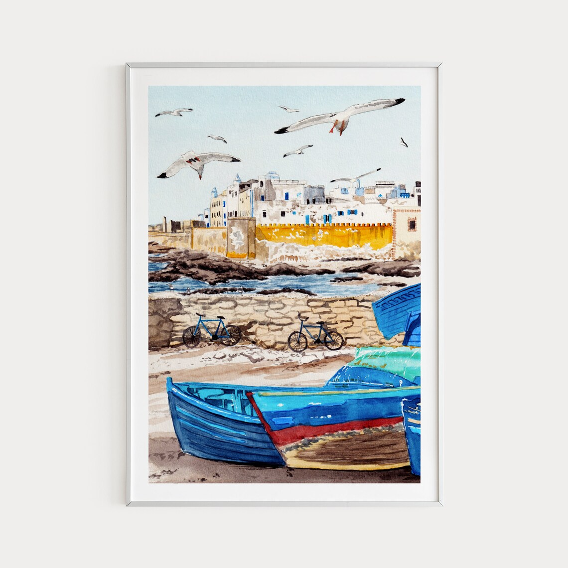 Essaouira Harbor Blue Fishing Boats Seagulls Morocco Watercolor Poster