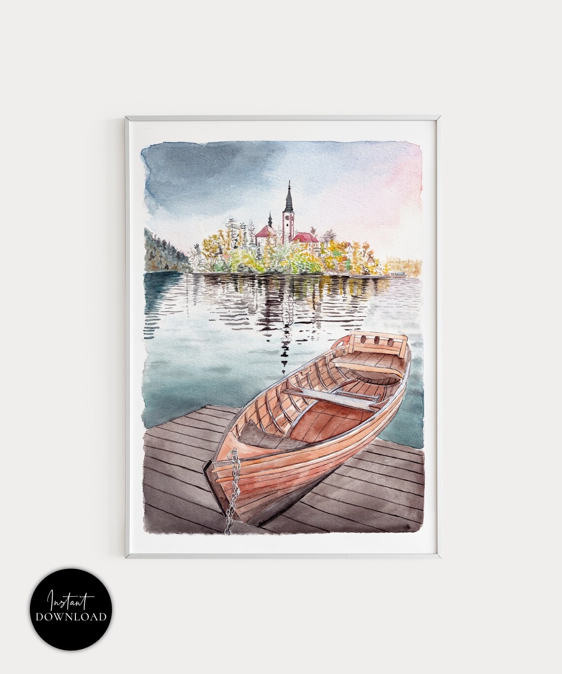 Lake Bled Slovenia Watercolor Wooden Rowboat and Island Church Poster