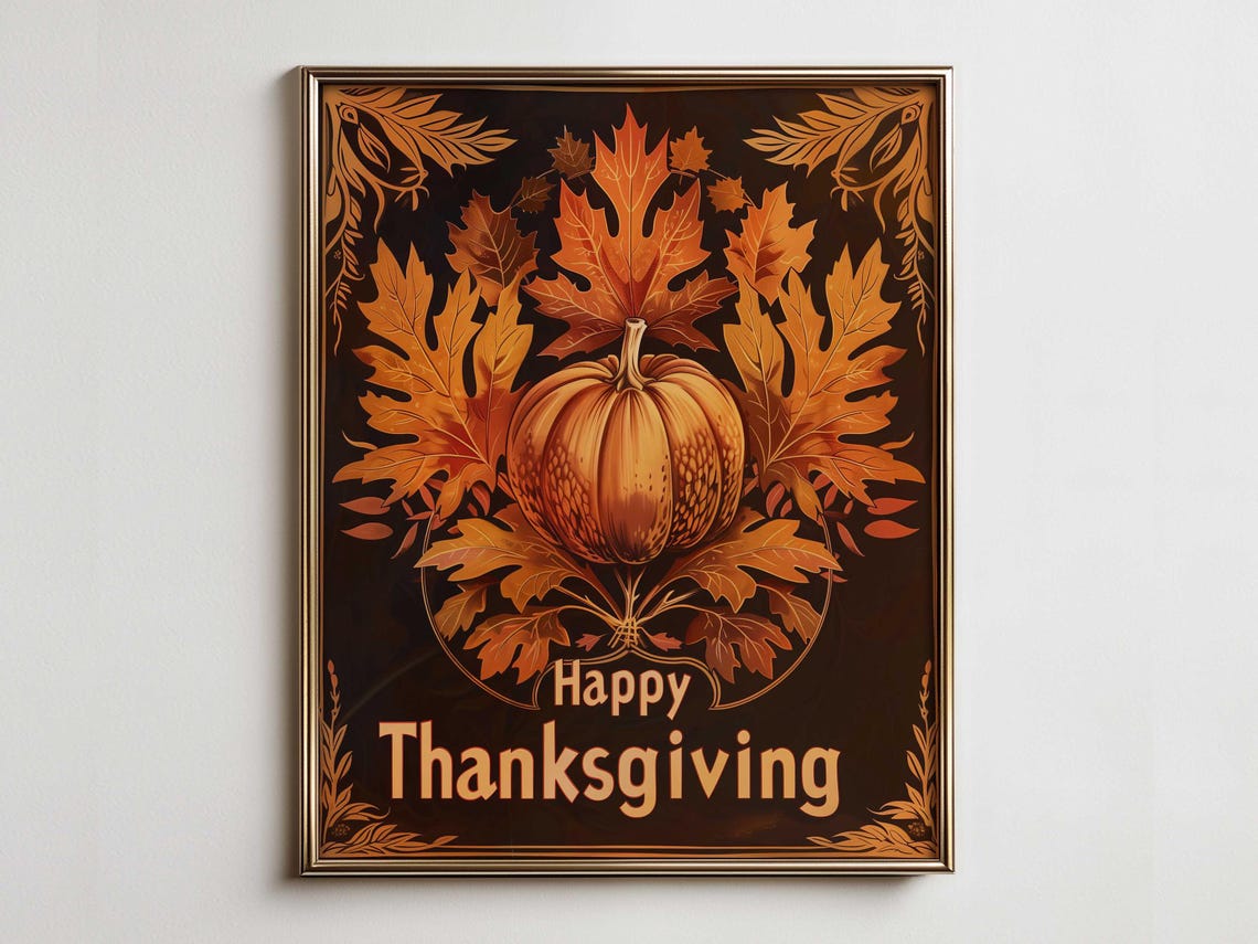 Happy Thanksgiving Copper Pumpkin Poster Fall Oak Leaves Wall Decor