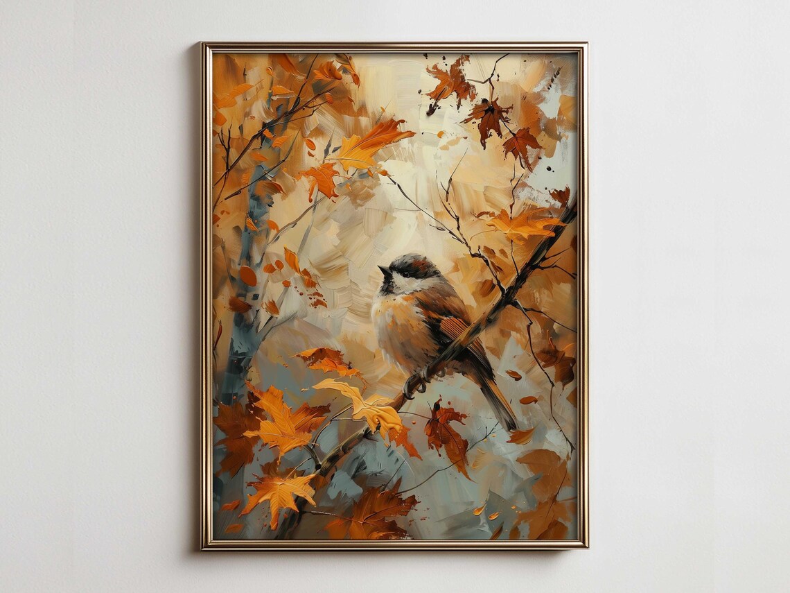 Autumn Chickadee on Branch Fall Foliage Oil Painting Style Poster