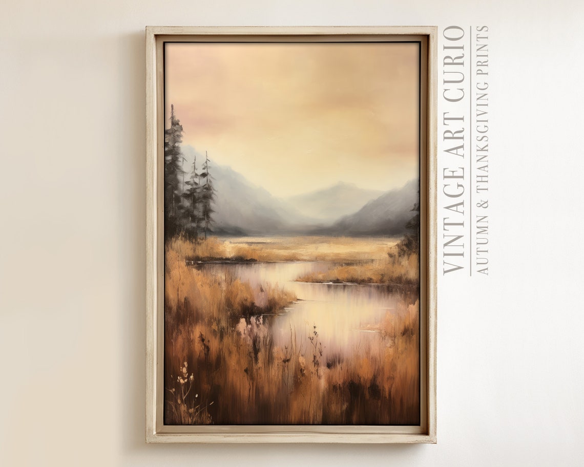 Warm Autumn Landscape Painting Vintage Rustic Fall Art Print Country Decor