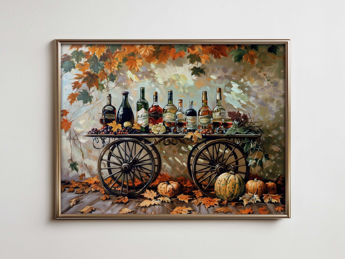 Thanksgiving Wine Cart Bottles Autumn Pumpkins Feast Scene Poster