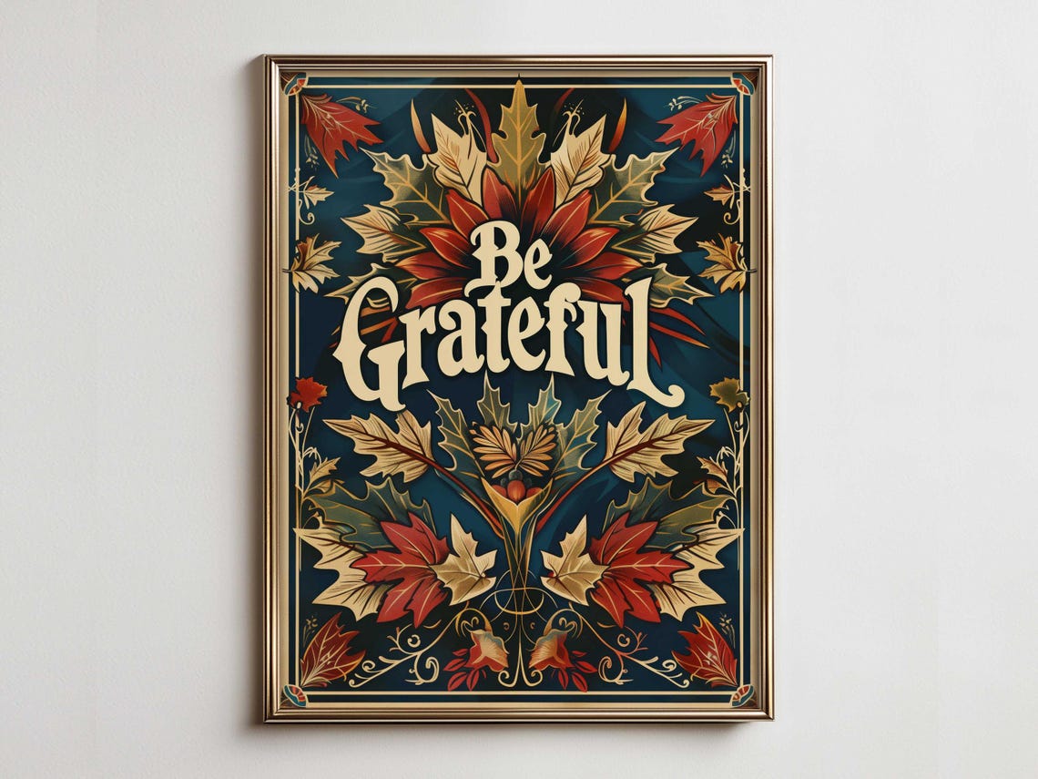 Be Grateful Autumn Leaves Vintage Typography Fall Holiday Poster