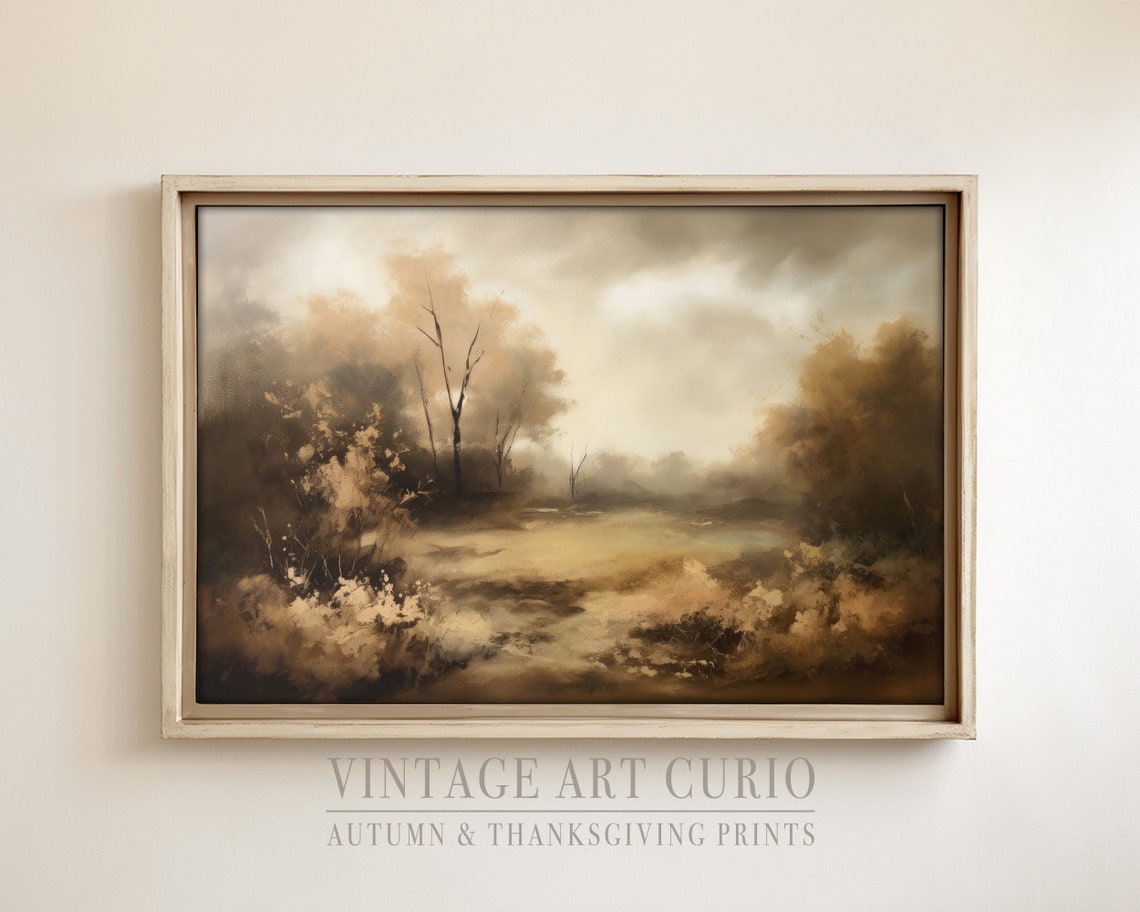 Misty Autumn Landscape Painting Bare Trees Golden Stream Art Print