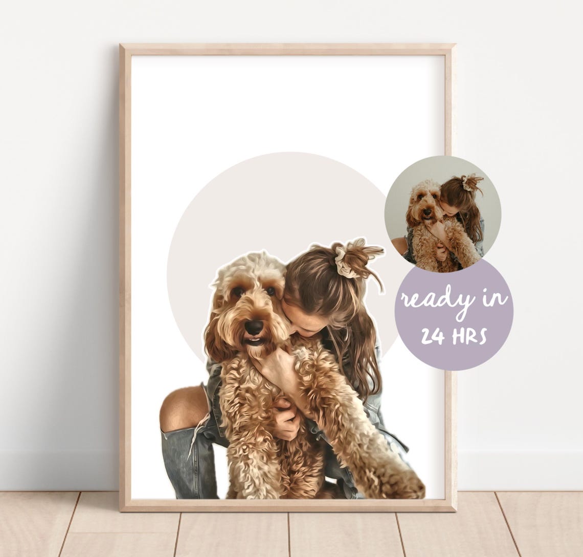 Custom Girl Hugging Doodle Dog Painted Portrait Style Poster